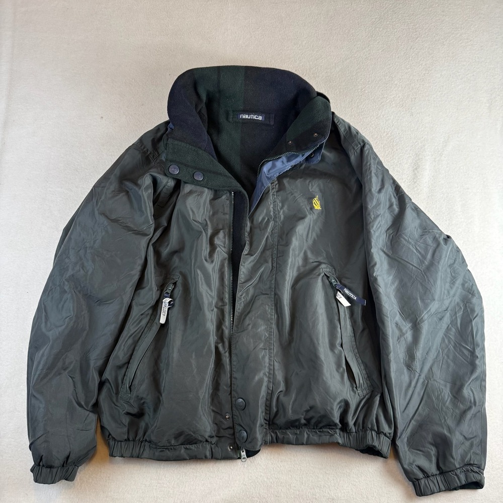 Nautica Reversible Vintage Jacket Mens XL Green Navy Fleece Nylon Windbreaker